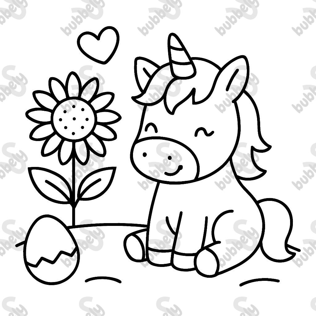 A unicorn with 2 hearts, a sunflower, an egg