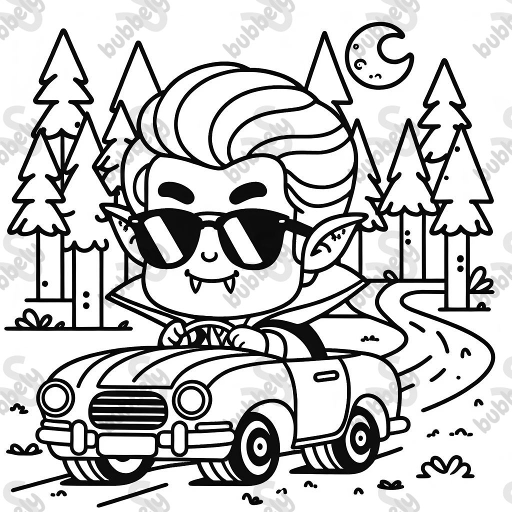 A vampire wearing sunglasses and driving a car in the Forest 