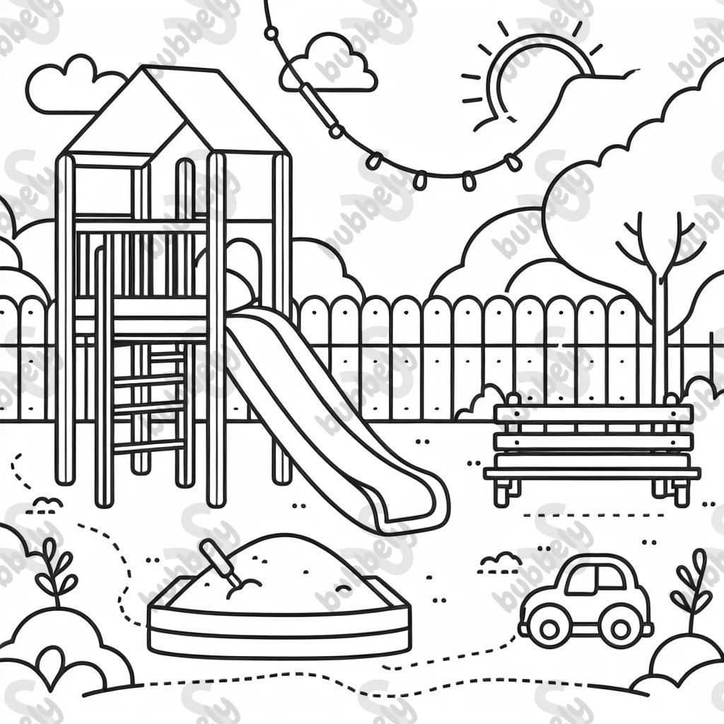 einen einfachen Spielplatz mit einer Rutsche, einem Sandkasten und einer Drahtseilbahn