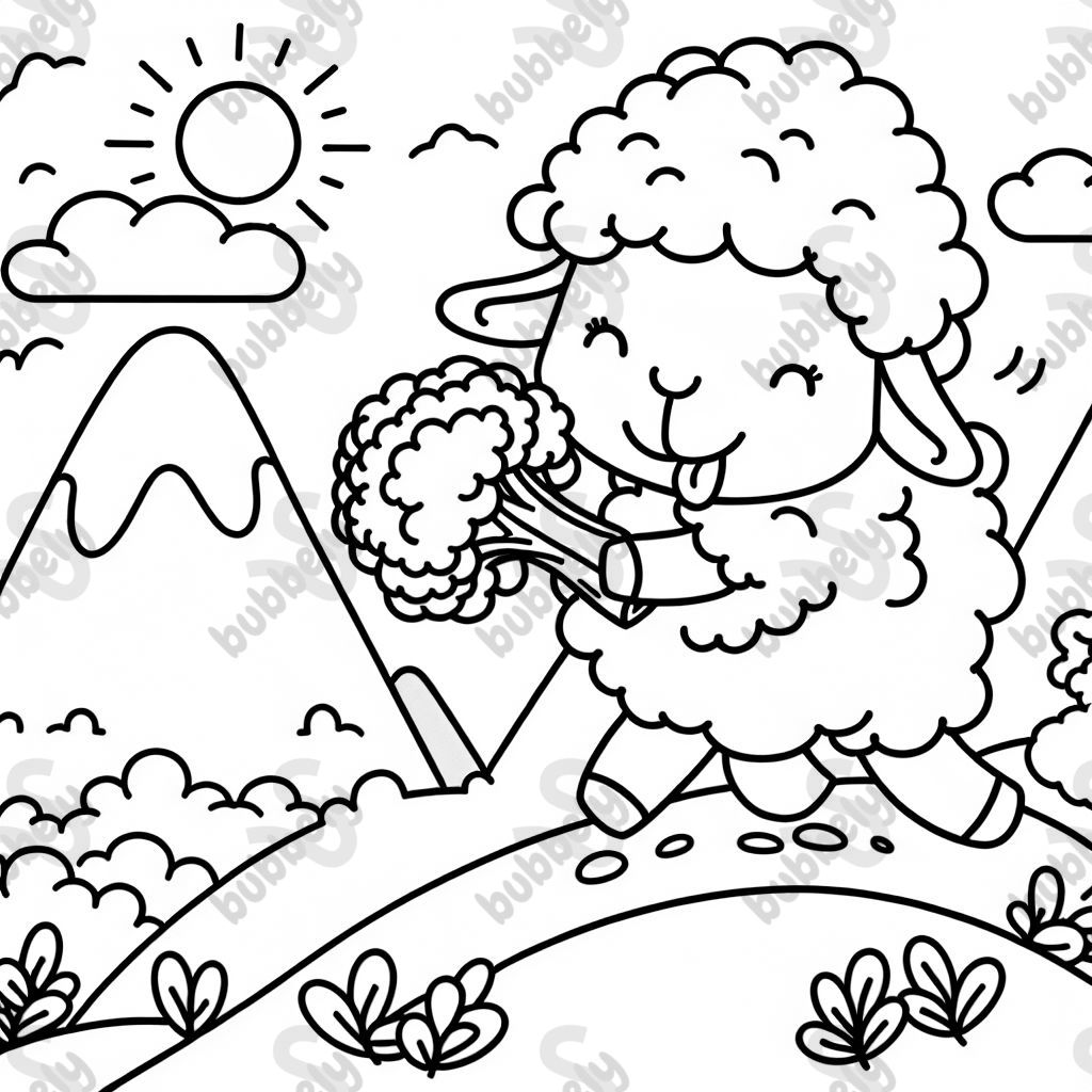 Sheep eating broccoli climbing a mountain