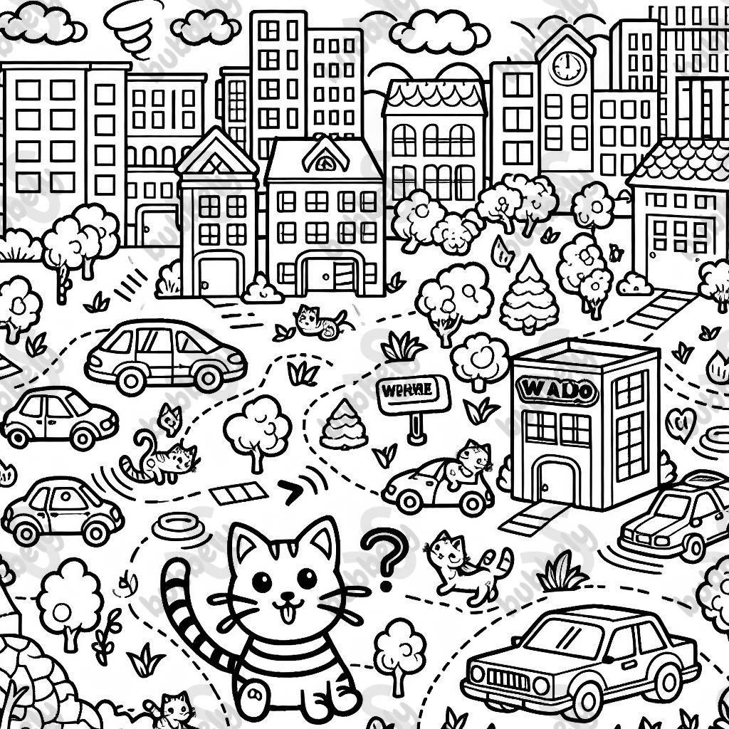 chats dans une ville inspirée de 'Où est Charlie' et du jeu de société Micro Macro