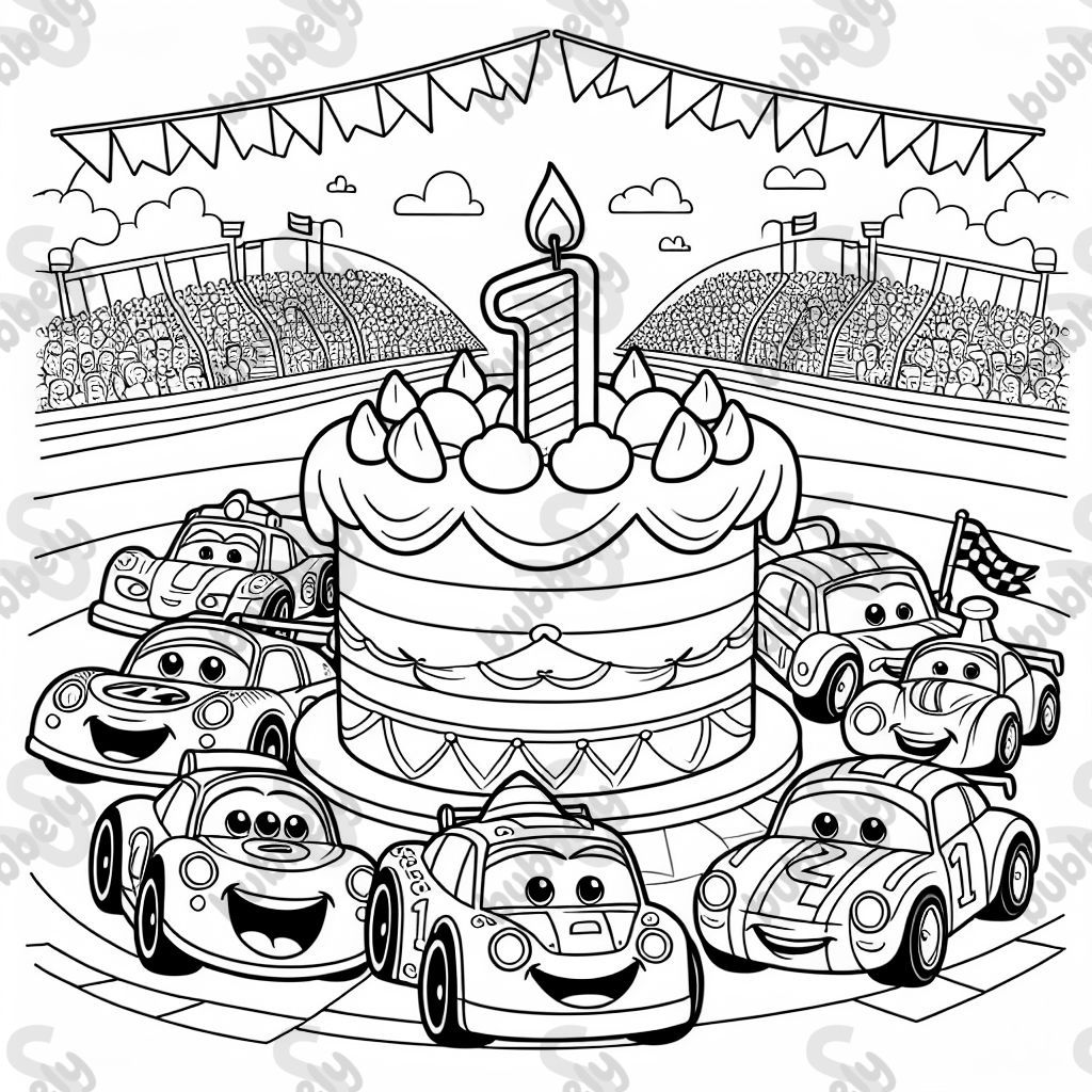 Race cars with a cake for a first birthday