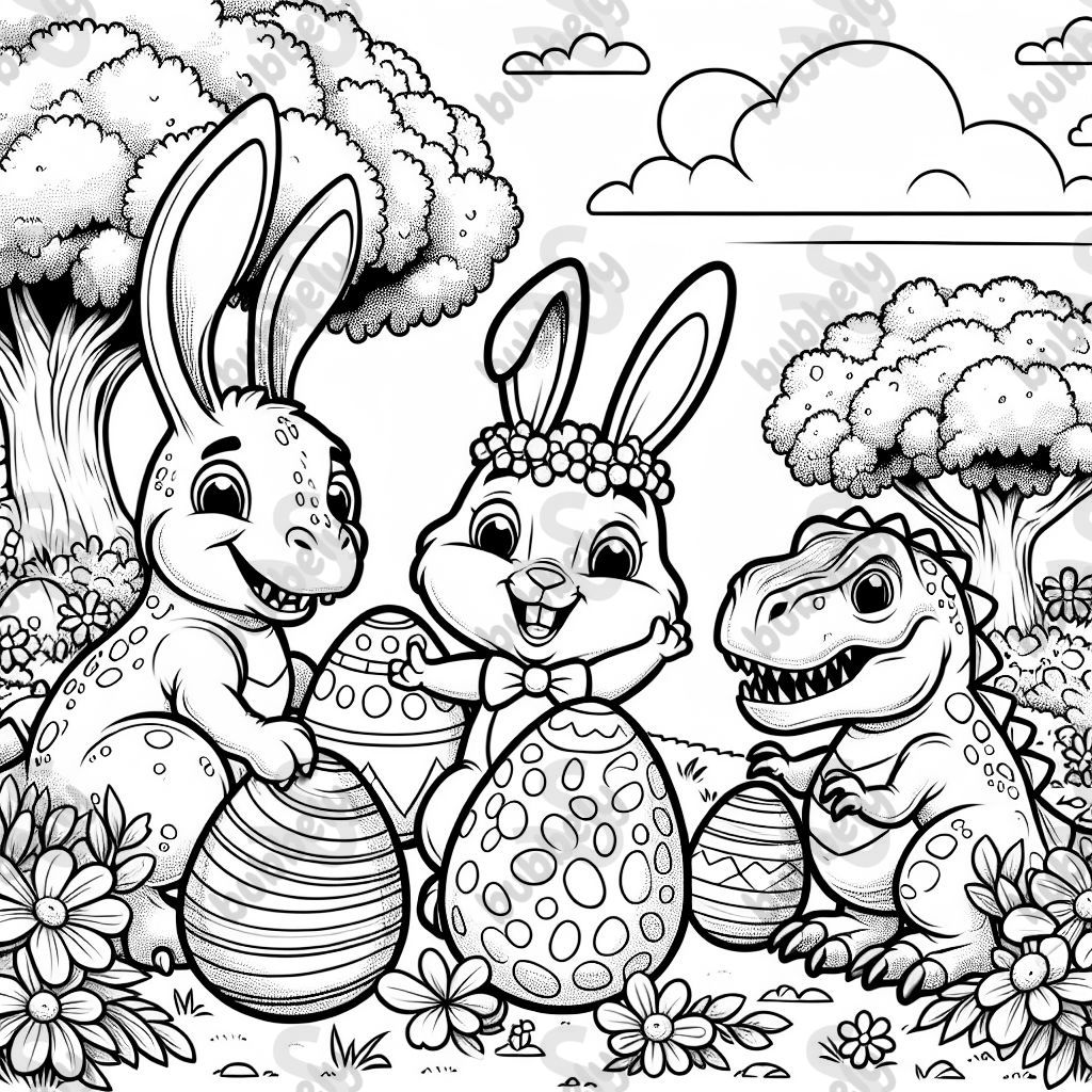 A Easter bunny with dinosaur eggs and dinosaurs A Easter bunny with dinosaur eggs and dinosaurs