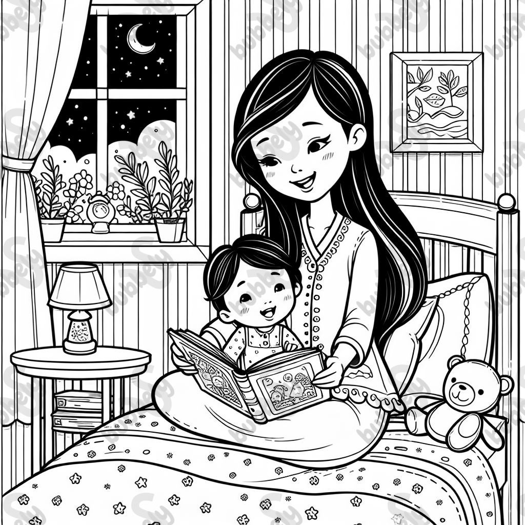 A mom with long dark hair reading to her toddler boy while they are sitting on the bed