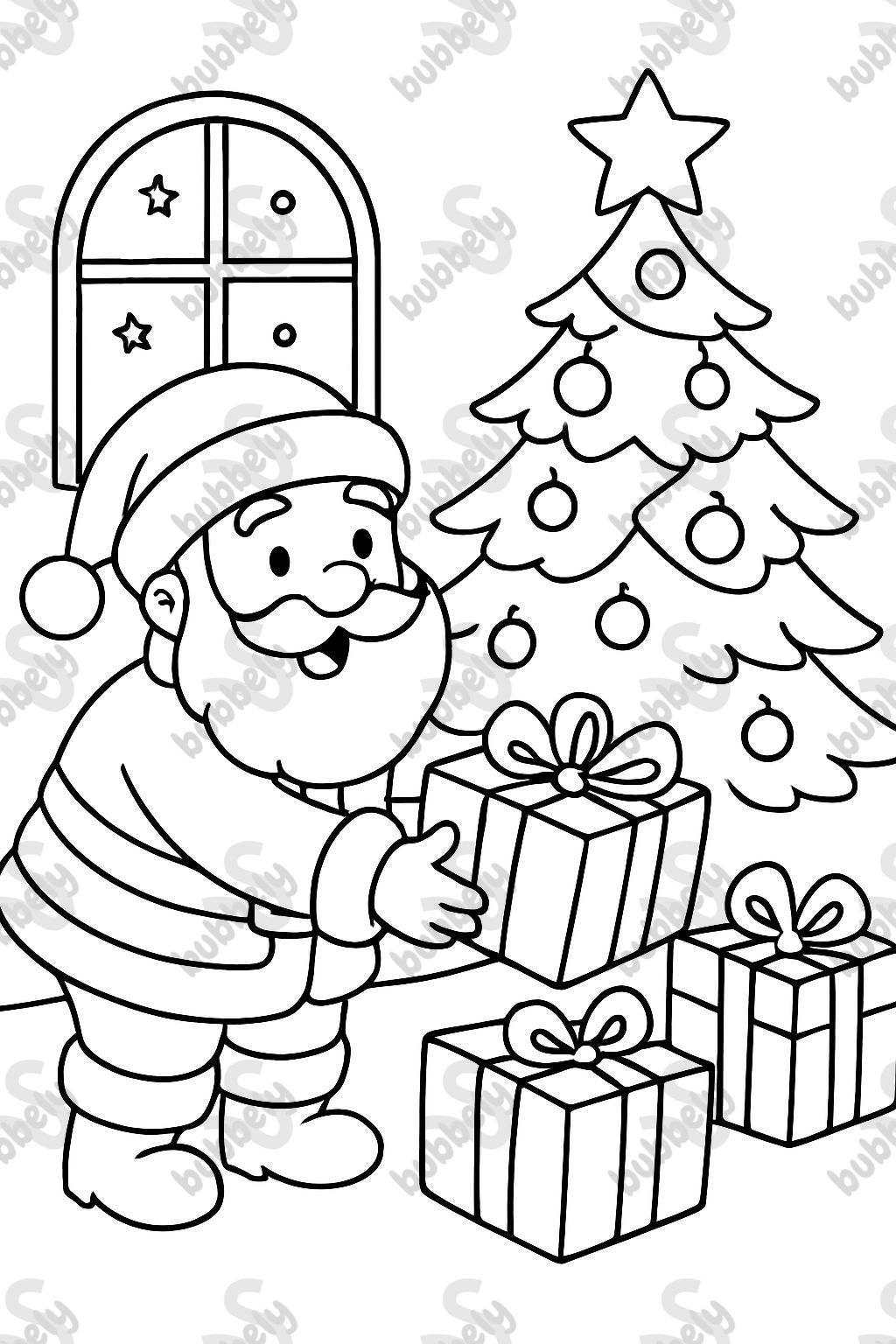 Le Père Noël met des cadeaux sous le sapin.