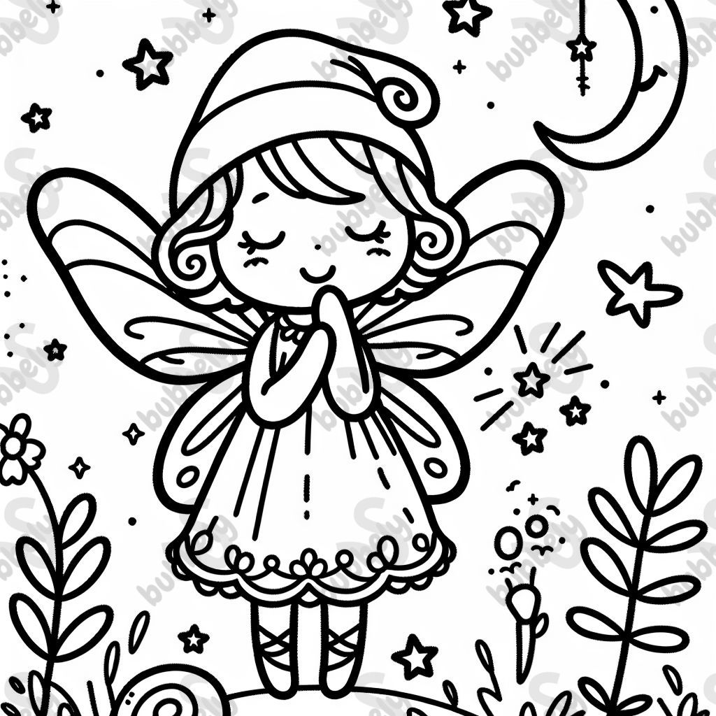 Good Night Fairy - a colorful coloring page featuring a beautiful fairy sending good night wishes to all children.