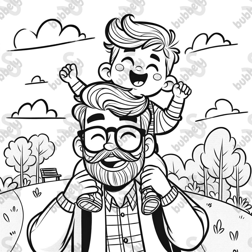 Das with glasses, beard, wavy hair with little boy on shoulders with curly hair and bangs 