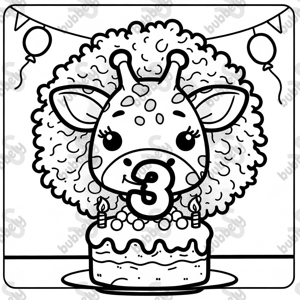 A curly haired girl giraffe eating birthday cake with the number 3 on top.