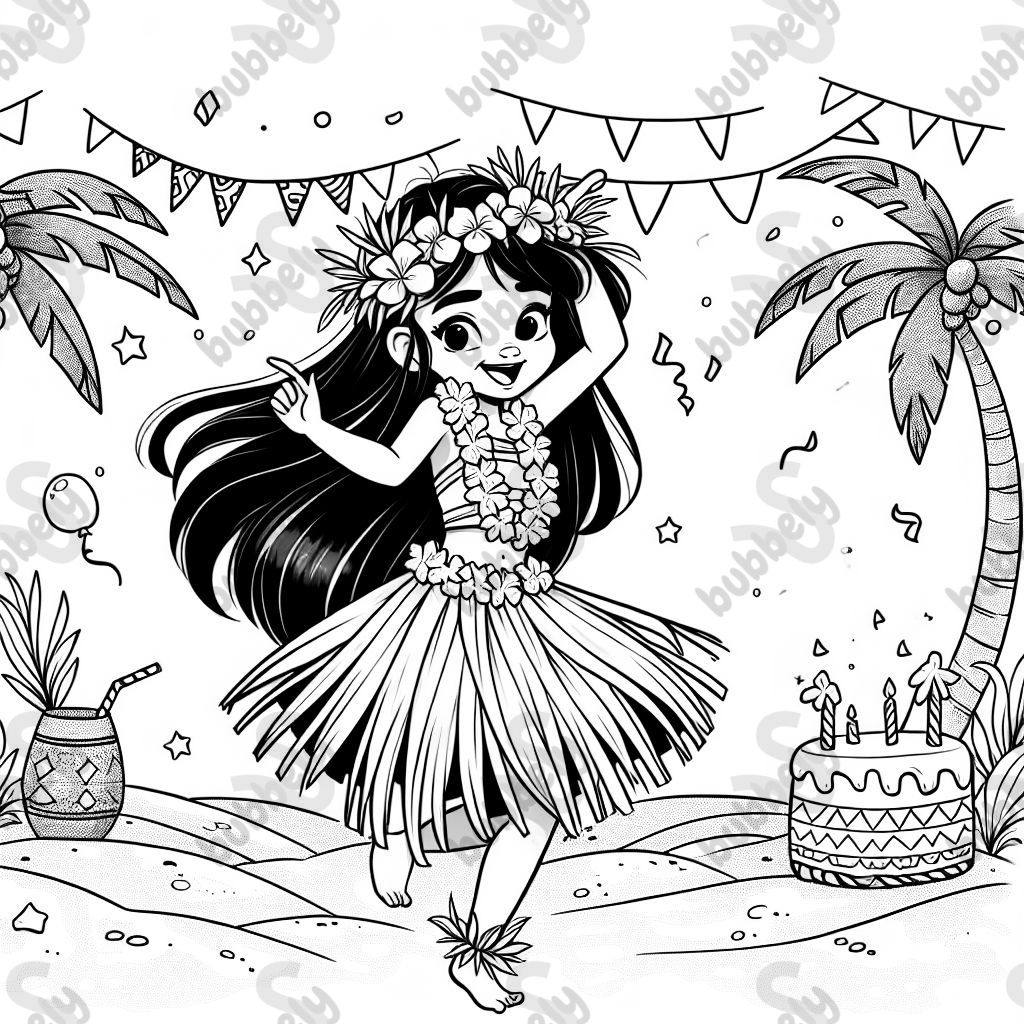 Happy birthday Domino. Girl with long dark hair. Hawaii theme Happy birthday Domino. Girl with long dark hair. Hawaii theme