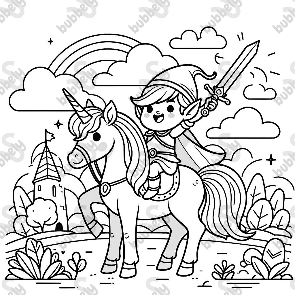 a fairy on a unicorn, with an awesome sword