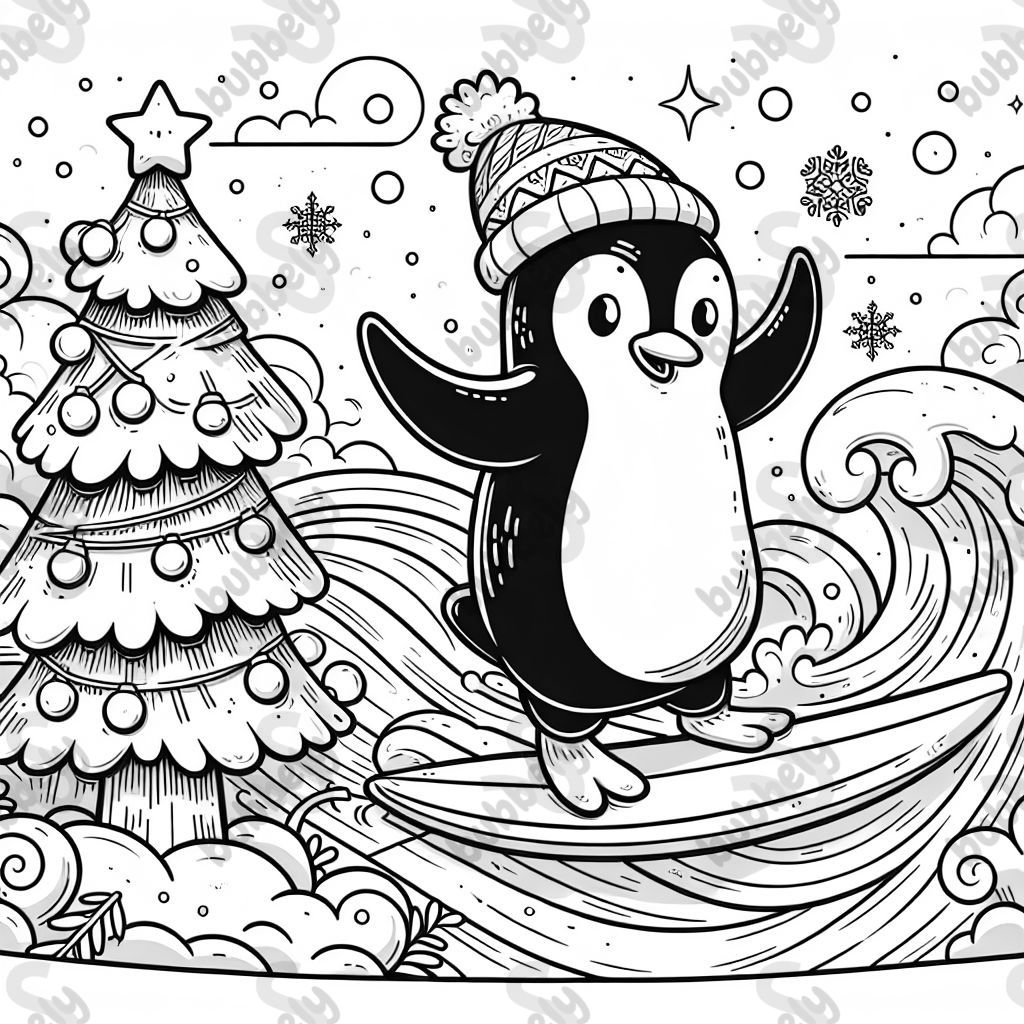 pinguin surfing a snow wave on a christmas tree 