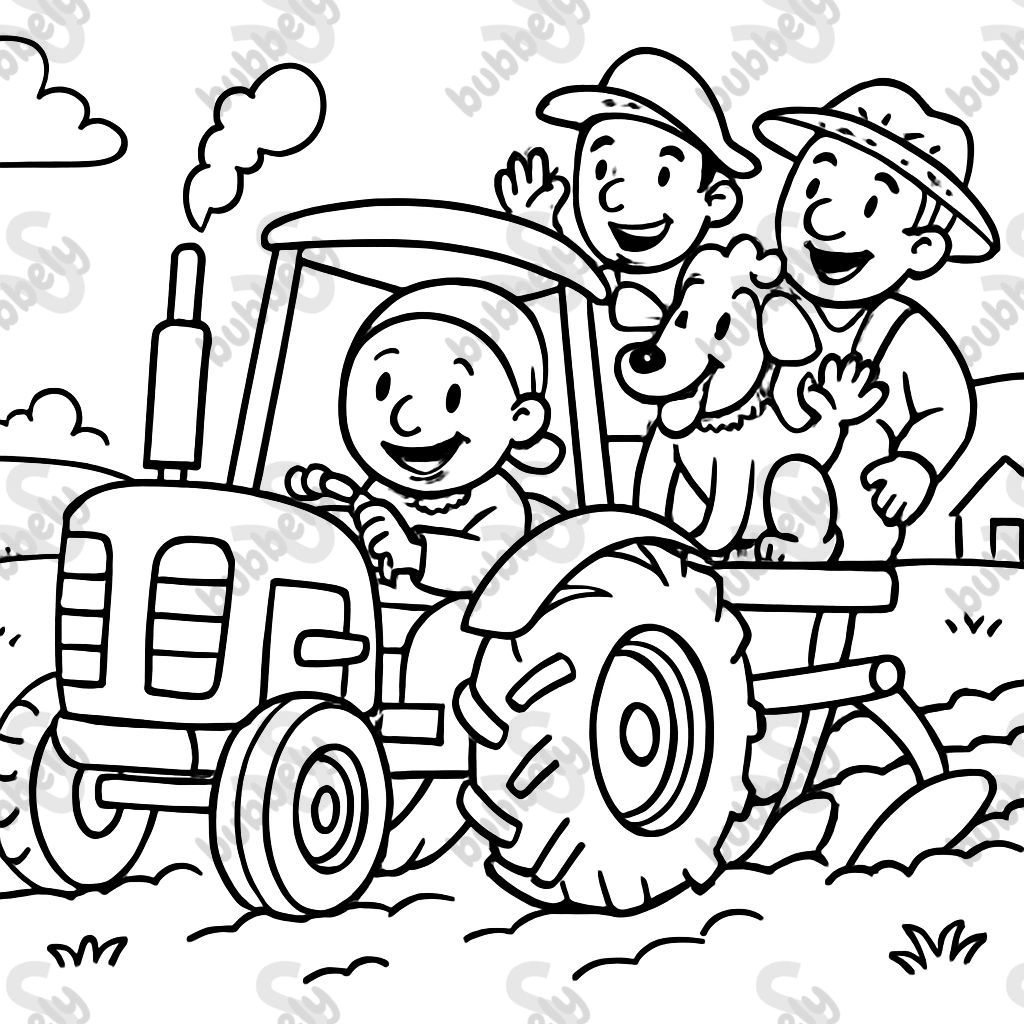 une fermière (petite, sans cheveux), deux fermiers et un chien dans un tracteur avec un charrue une fermière (petite, sans cheveux), deux fermiers et un chien dans un tracteur avec un charrue