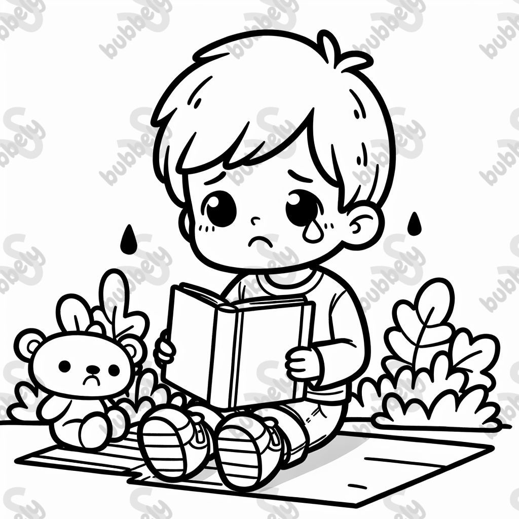 a sad kid holding a book.