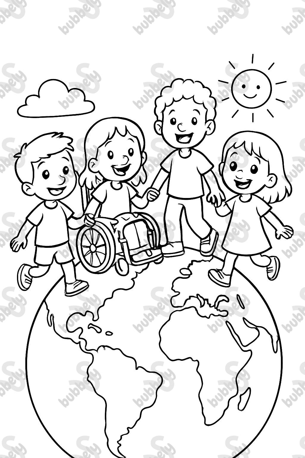 un globe avec des enfants handicapés et non-rappelez-vous debout dessus se tenant la main un globe avec des enfants handicapés et non-rappelez-vous debout dessus se tenant la main
