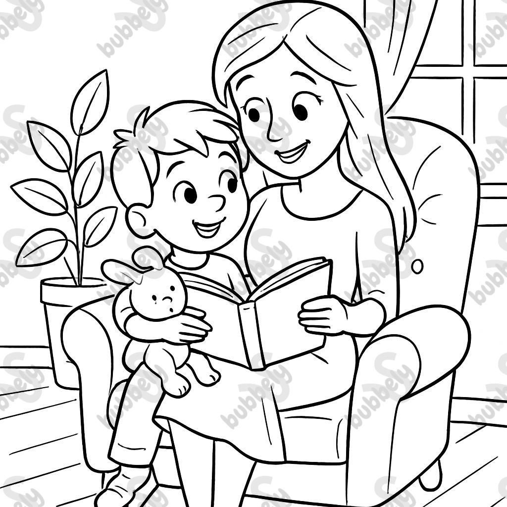 6-year-old boy cuddles on mom's lap on a chair. Mom is wearing a dress and has long hair. They are reading a book together. The boy is holding a cuddle bunny in his arm.