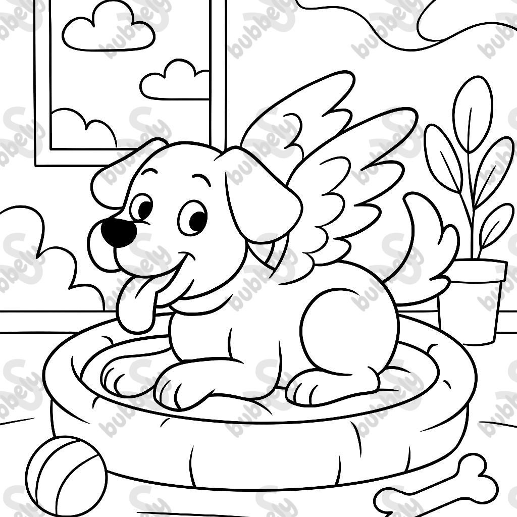 A dog with wings laying on a dog bed
