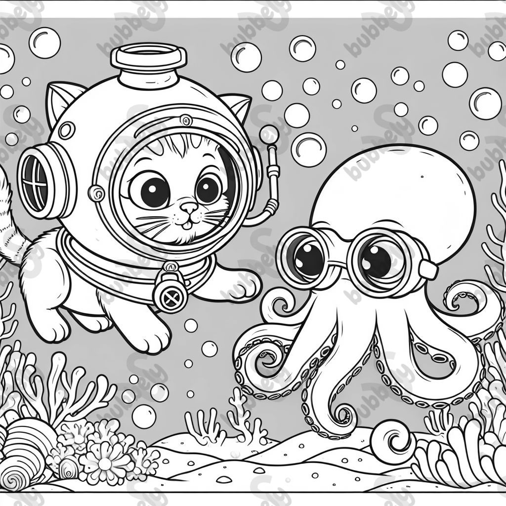 Deep sea diving cat fighting an octopus