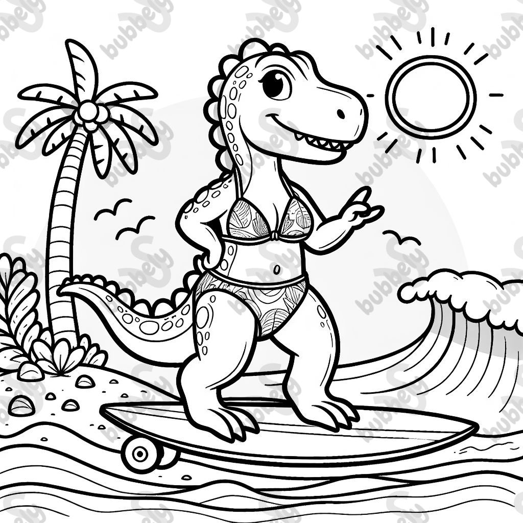 Dinosaure en bikini sur une planche de surf Dinosaure en bikini sur une planche de surf