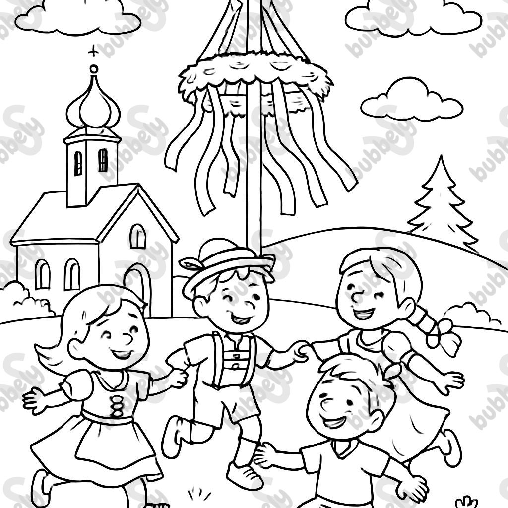 Children dancing around a church festival tree in Upper Bavaria Children dancing around a church festival tree in Upper Bavaria