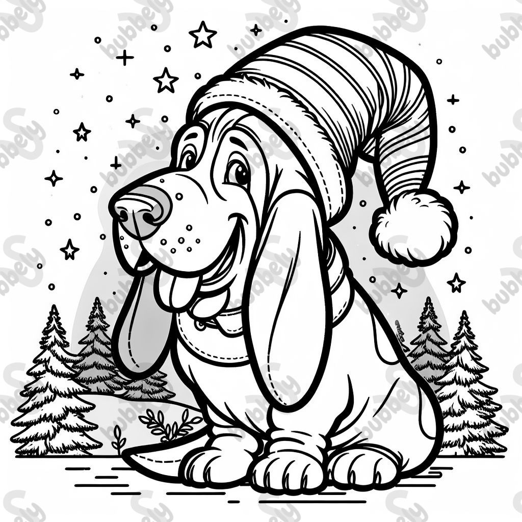 basset hound wearing a santa hat