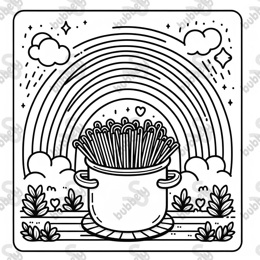 une casserole de nouilles avec des spaghettis et un arc-en-ciel