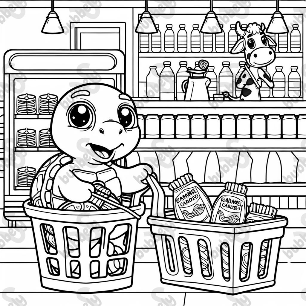 einen einkaufsladen mit in dem eine schildkröte einkauft. Sie hat einen einkaufskorb. In dem EInkaufskorb sind bonbons mit karamellgeschmack drin. Im hintergrund ist eine kuh zu sehen die einkauft.
