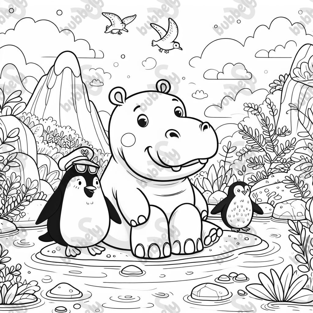 Nilpferd mit Pinguin als Freund