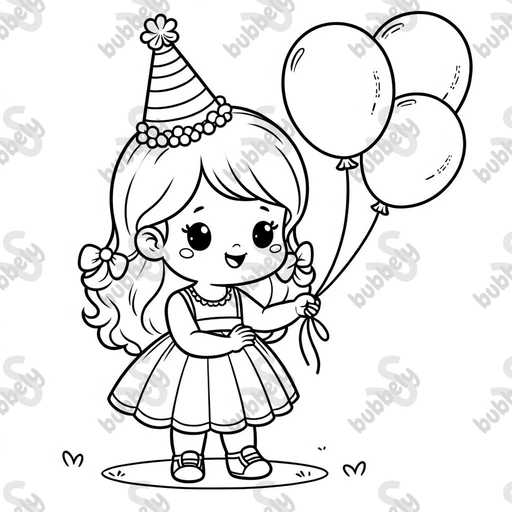 a little girl in a birthday hat, holding balloons