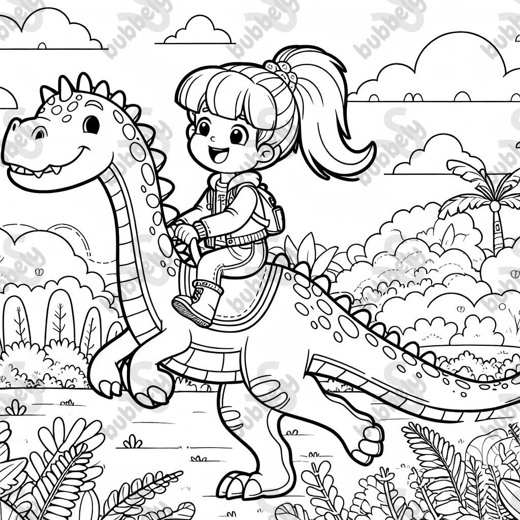 Girl with ponytail riding a long neck dinosaur 