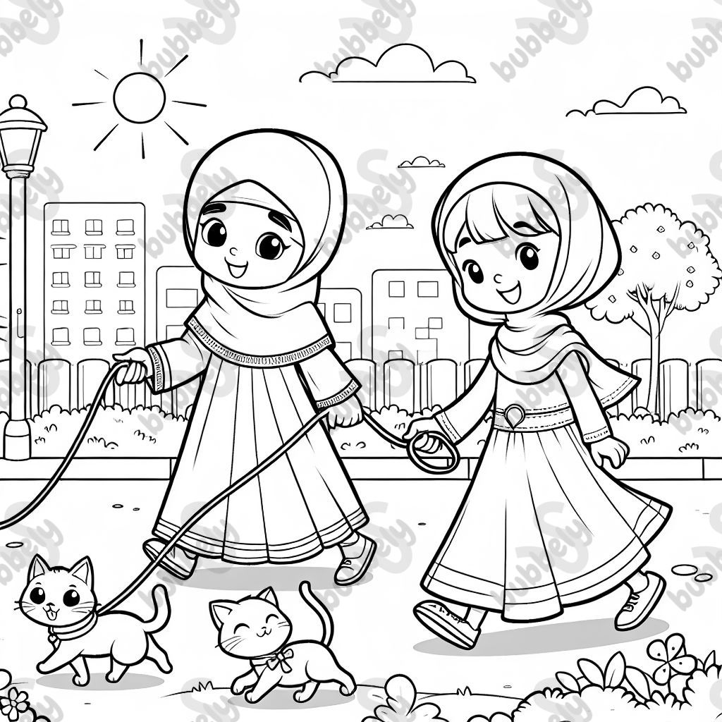 A daughter holds a cat on a leash. A mother holds another cat on a leash.