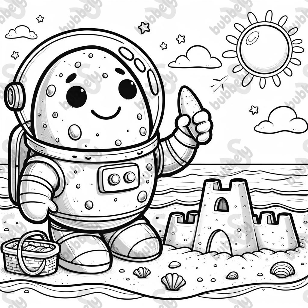 a potato in a spacesuit building a sandcastle at the beach