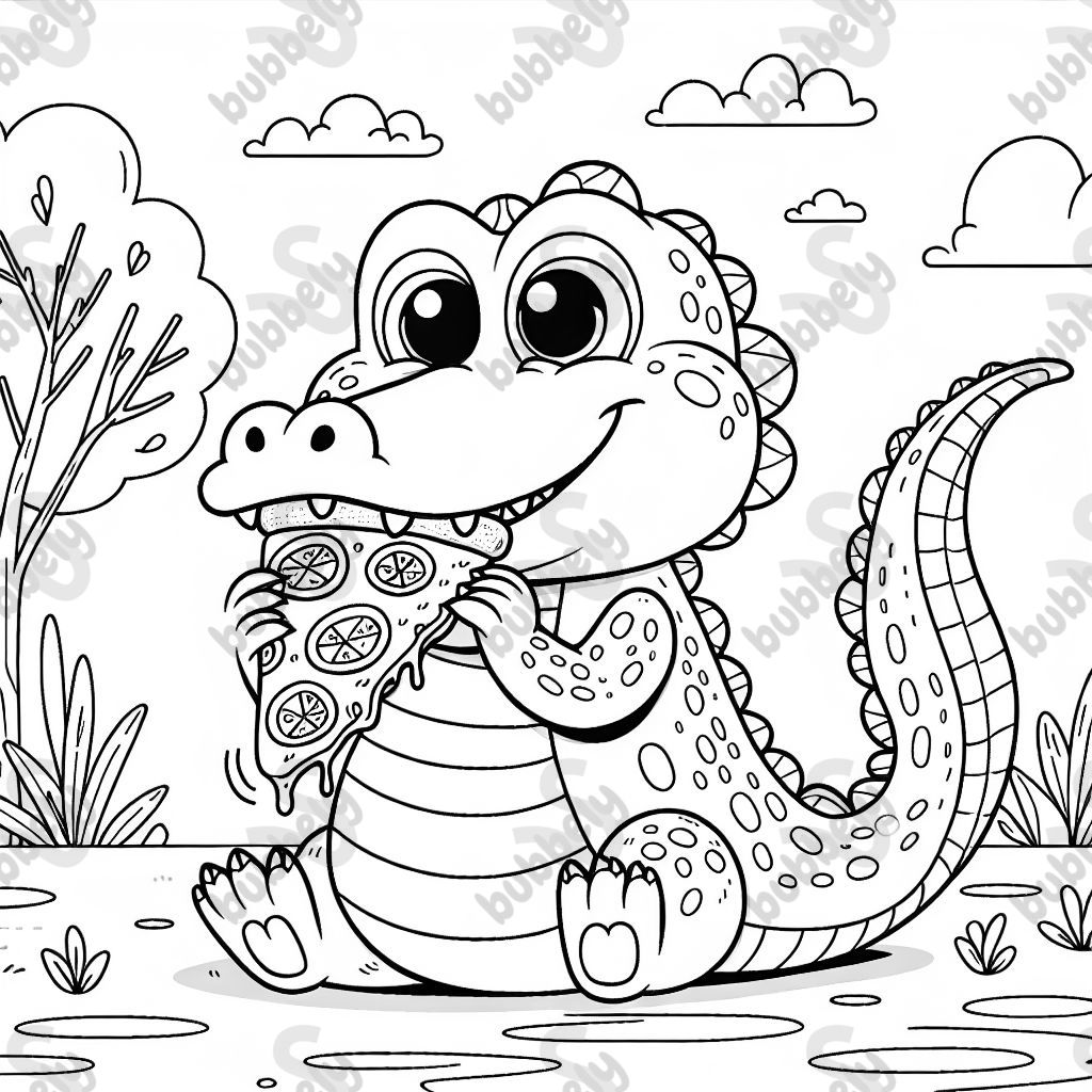 An alligator eating a pizza