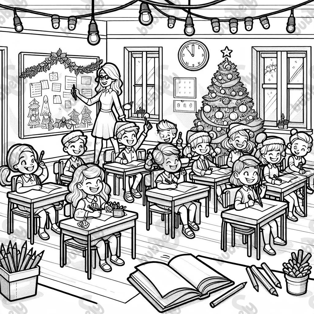 eine Schulklasse im Klassenzimmer mit Weihnachtsbaum