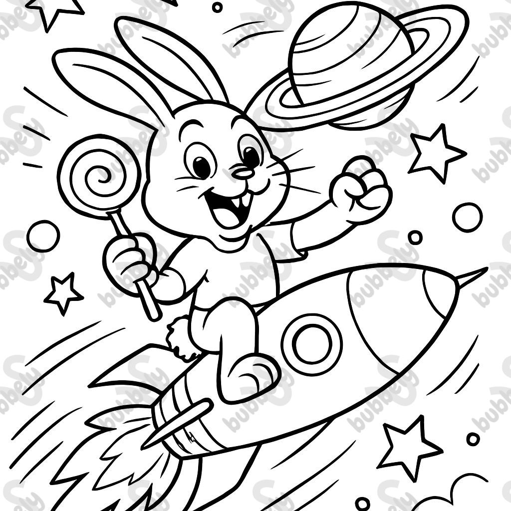 A rabbit with a lollipop riding on a rocket to Saturn.