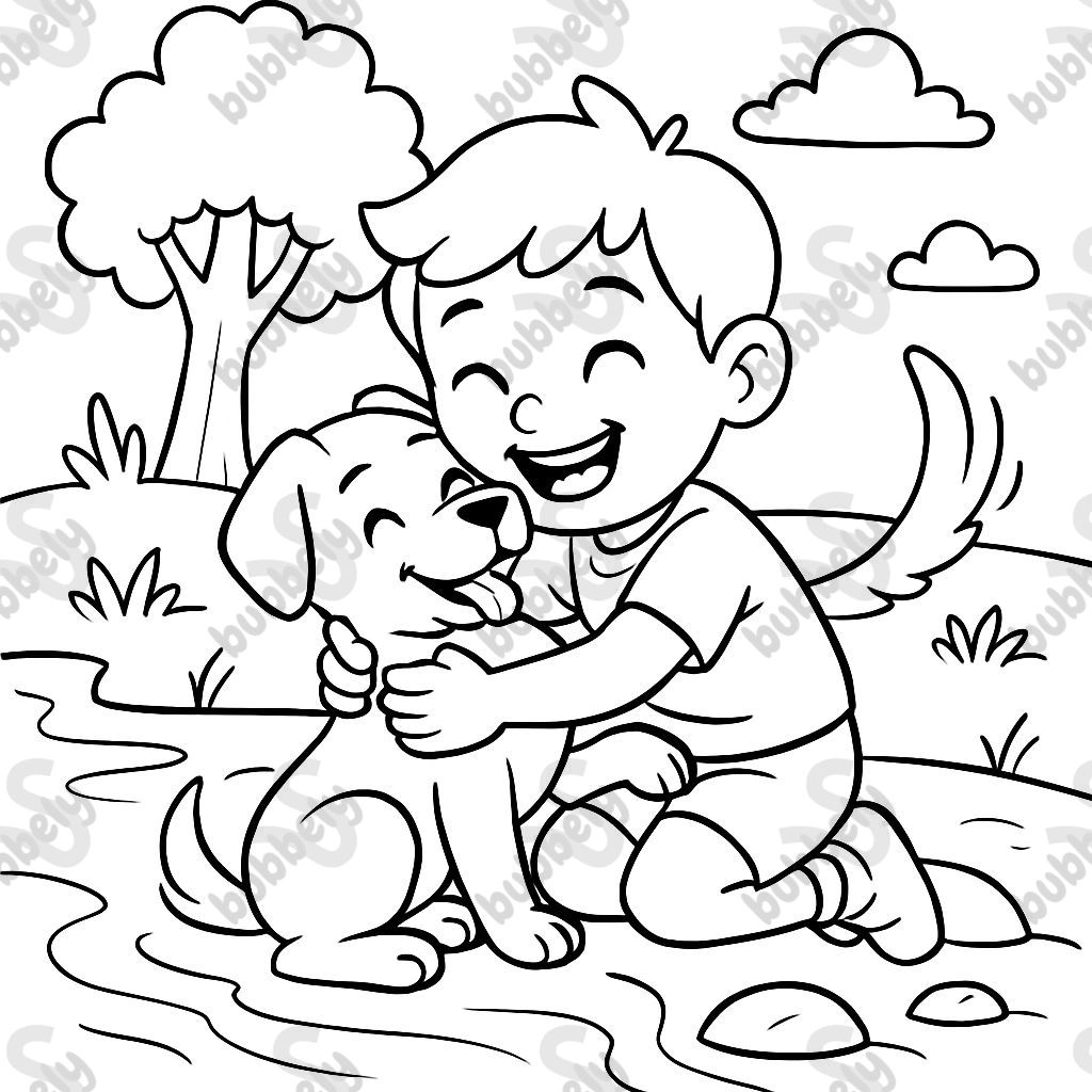 Child hugging a dog being rescued from the river