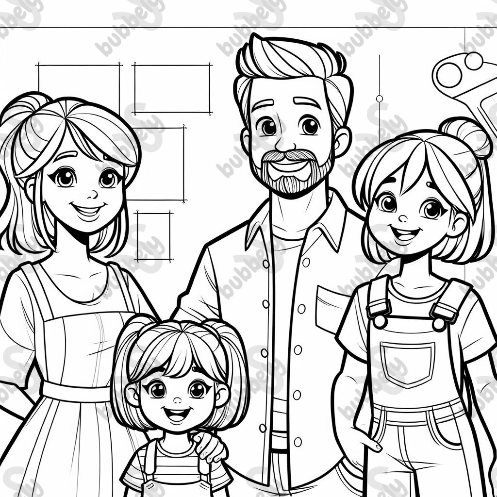 Vater mit Ziegenbart, Mutter und zwei Töchter (eine Tochter mit kurzen Haaren. Die zweite größere Tochter mit Haaren bis zum hintern)