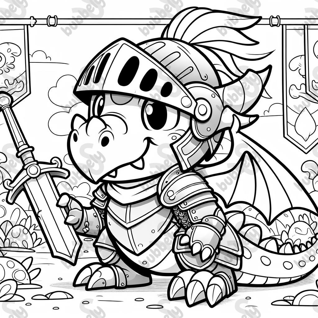A thrilling drawing of a dragon dressed in shiny knight armor. Perfect for coloring for kids.