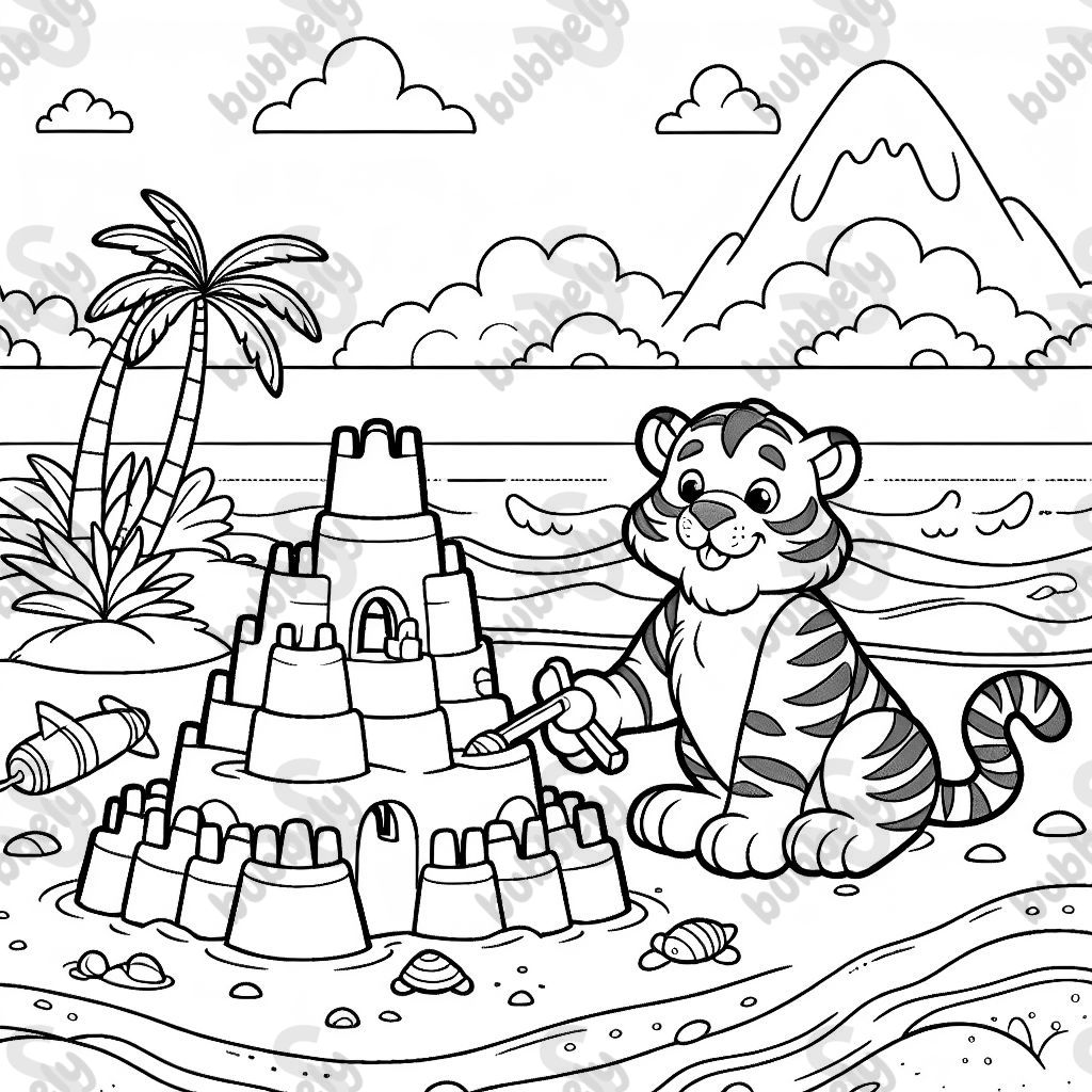 a tiger on the beach building a sandcastle