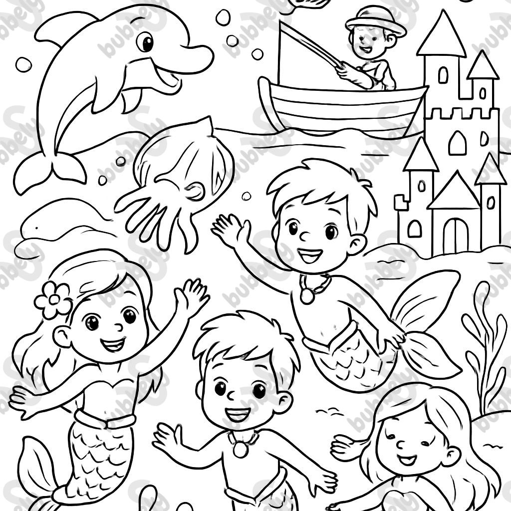 two girl mermaids, two boy mermaids, a whole cuttlefish, a whole dolphin, a castle, and a fisherman in a small wooden boat