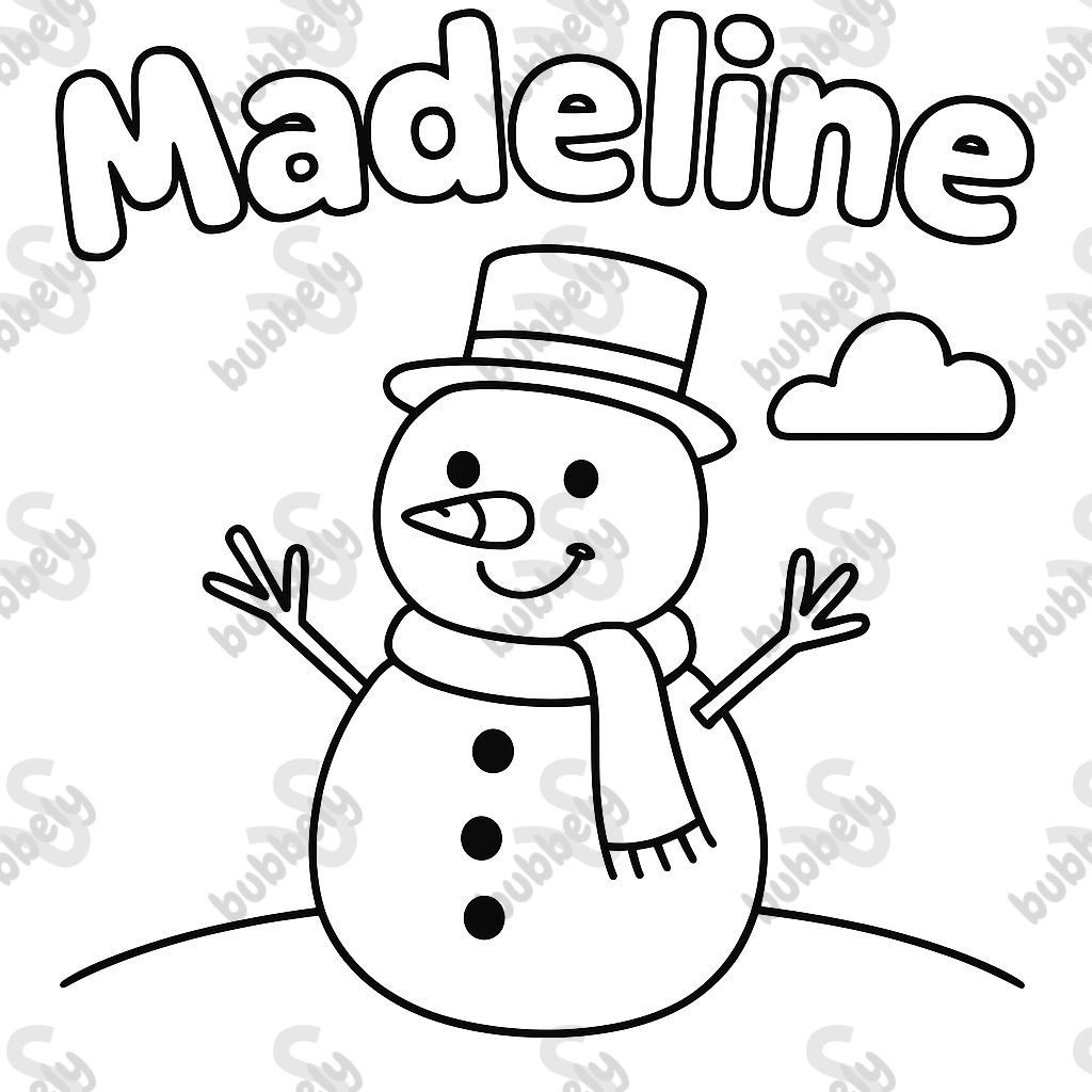 my name Madeline in bubble letters with a snowman