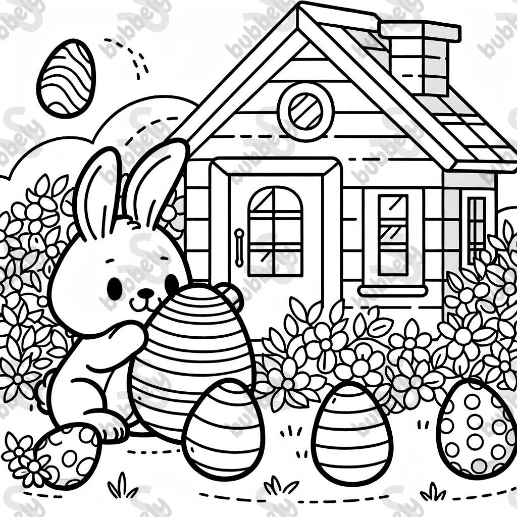 einen Osterhasen, der Eier hinter einem Haus versteckt