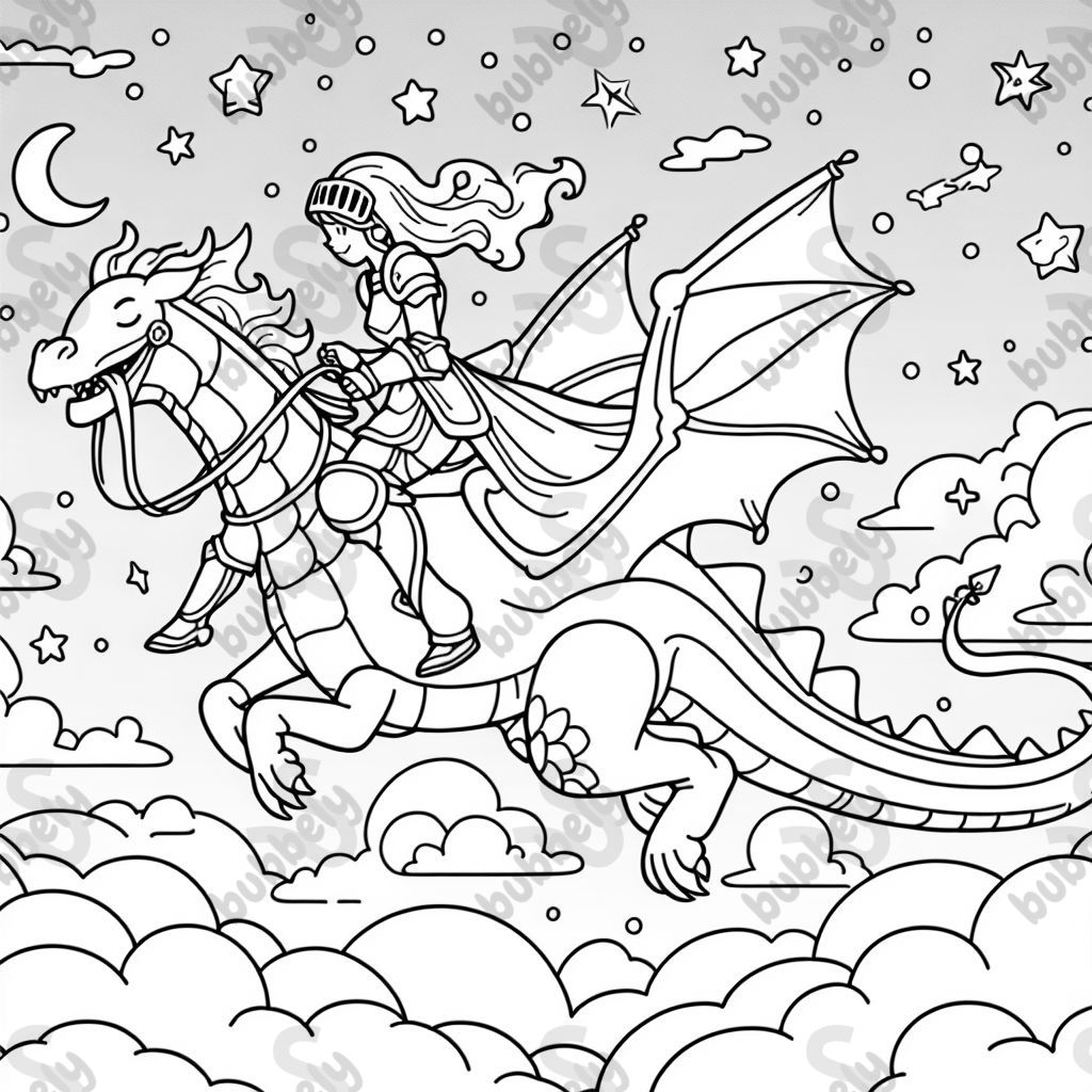 Sternhimmel mit Drachen auf dem eine ritterin sitzt