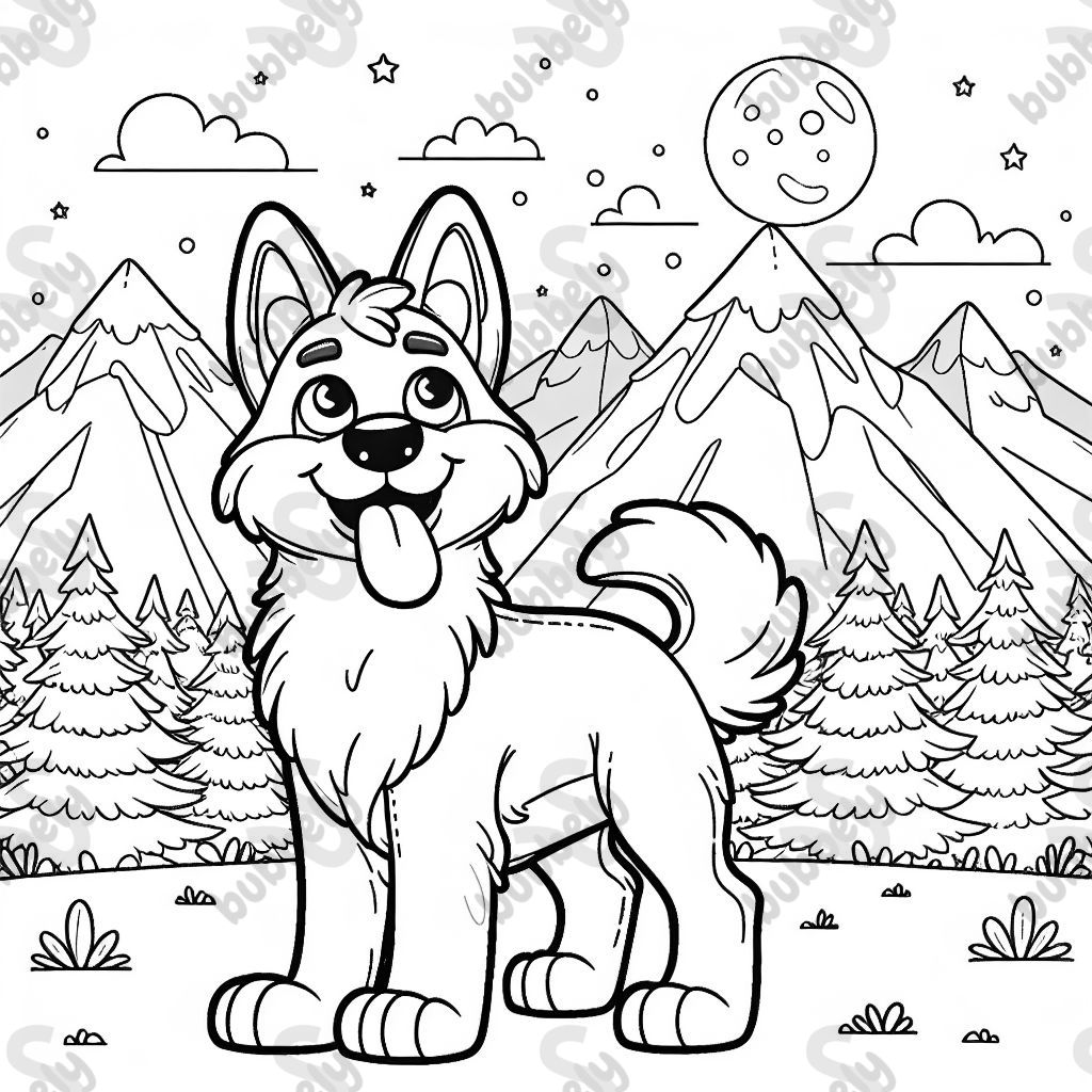 Dog in front of mountains