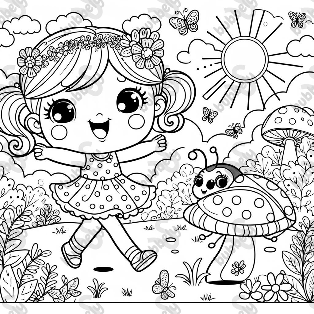 Five-year-old blonde girl dancing with ladybug