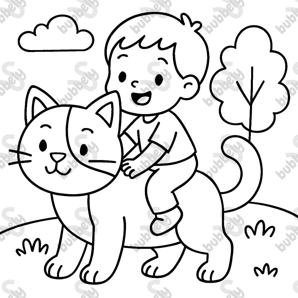 little boy riding a tuxedo cat