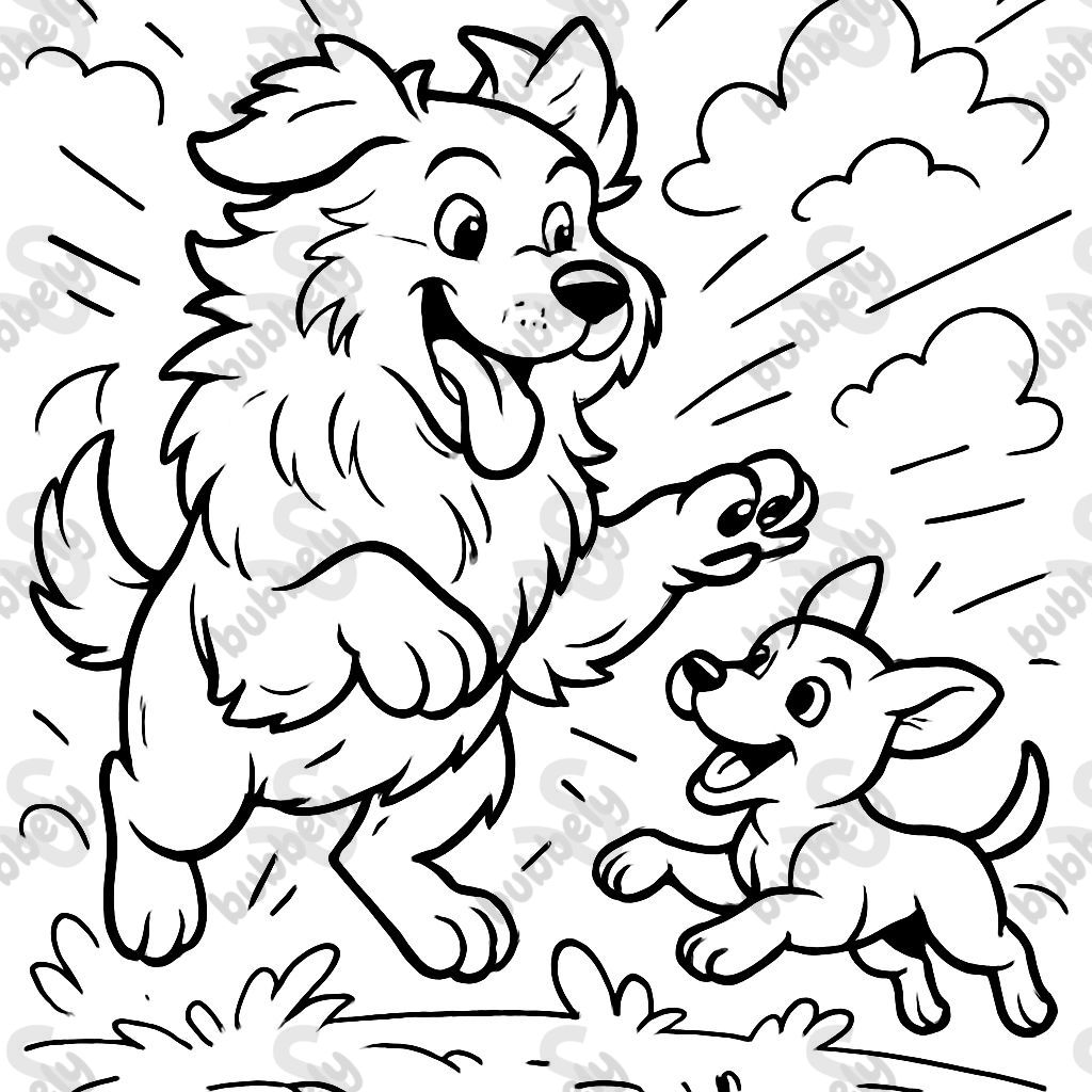 a fluffy large dog and a small dog playing