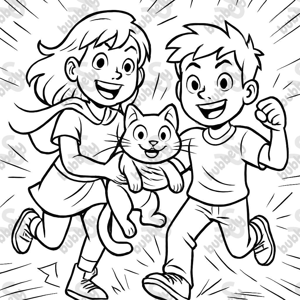 girl and boy with a cat smiling