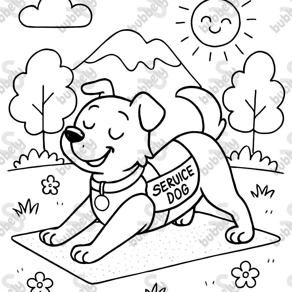 A service dog with a vest doing yoga.