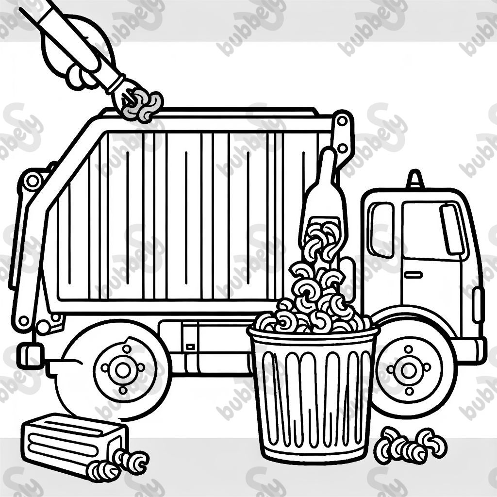 A garbage truck picking up trash cans full of macaroni