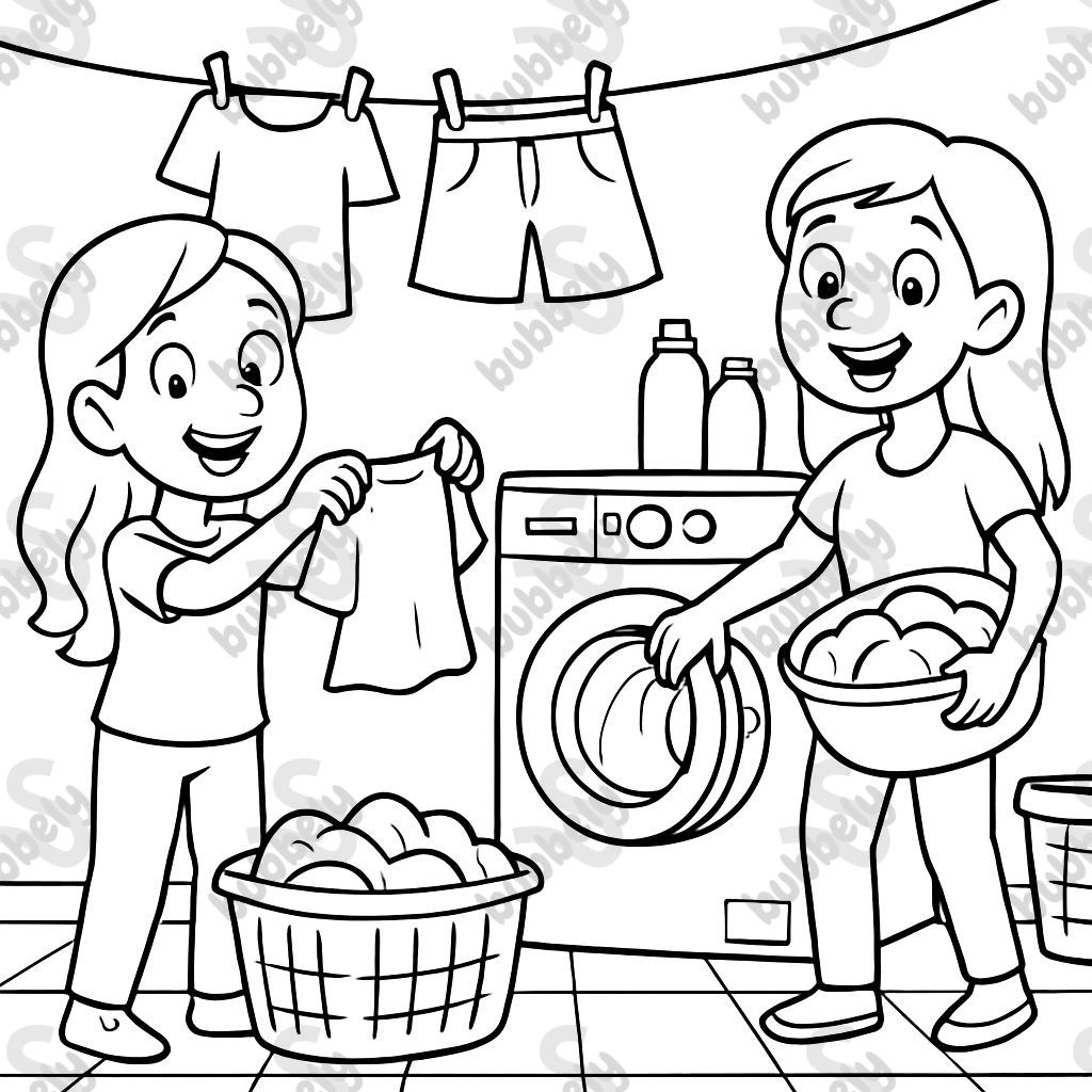2 women with long hair doing laundry